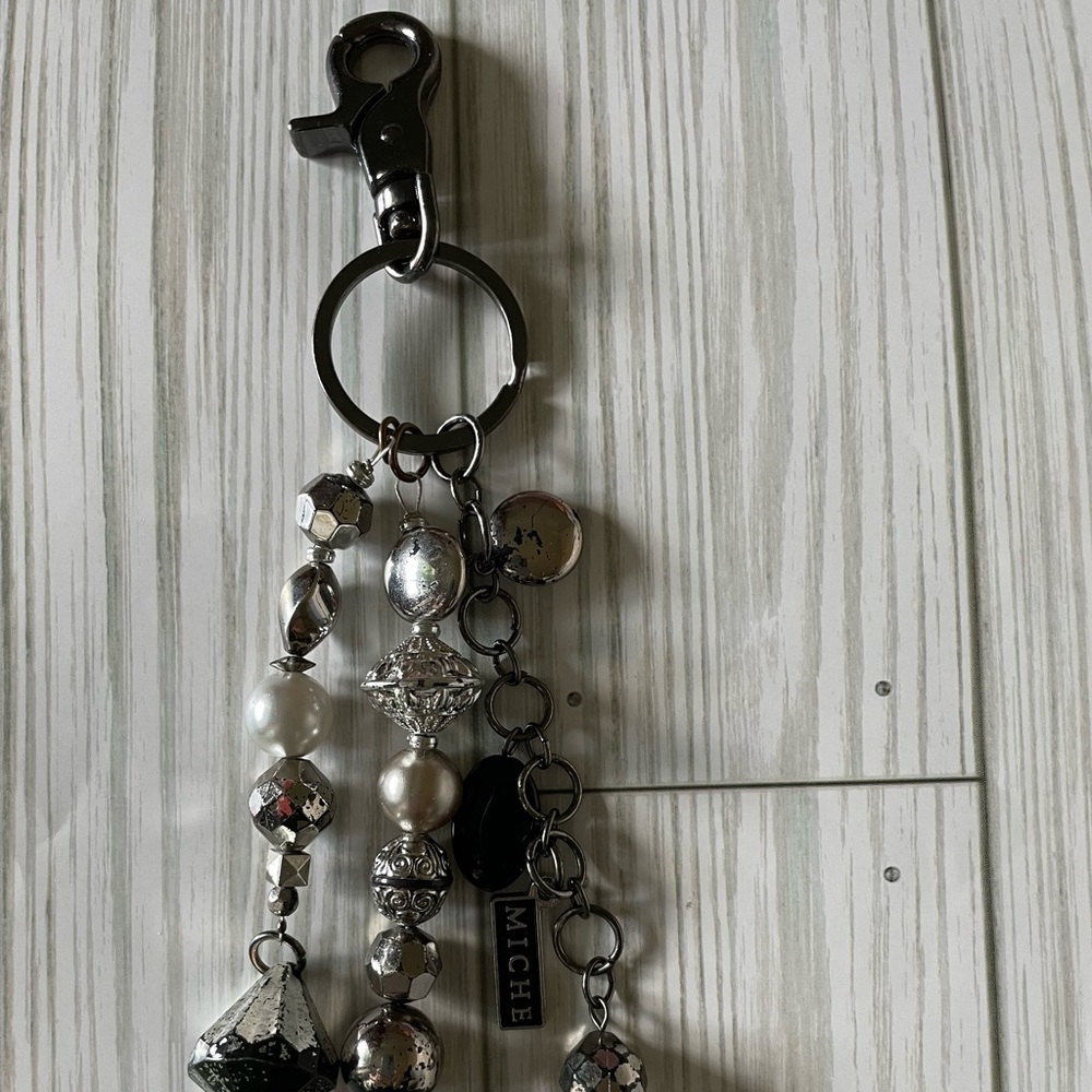 3 strands mix beads charms silver tone keychain